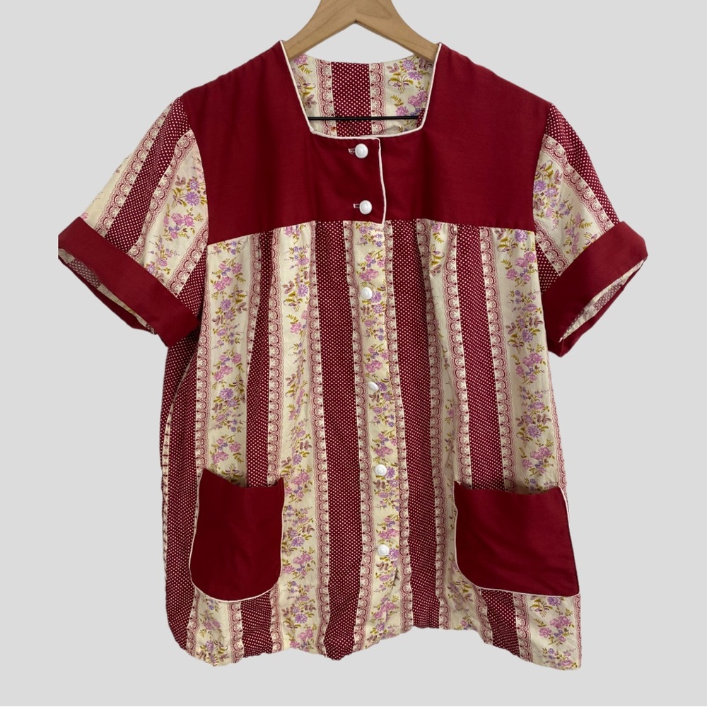 Vintage Burgundy Floral Polka Dot Bohemian Button Down Smock Work Shirt